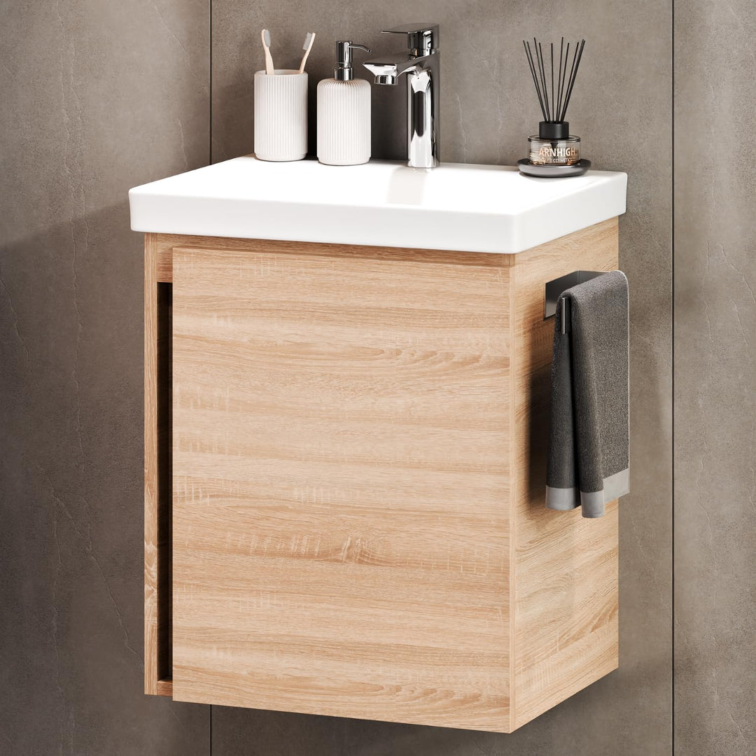 Planetmöbel Waschtischunterschrank 50 cm Sonoma Eiche mit Armatur Chrom mit Wasserhahn Chrom Sonoma