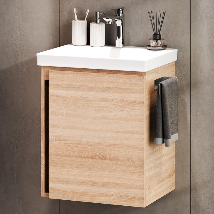 Planetmöbel Waschtischunterschrank 50 cm Sonoma Eiche mit Armatur Chrom mit Wasserhahn Chrom Sonoma