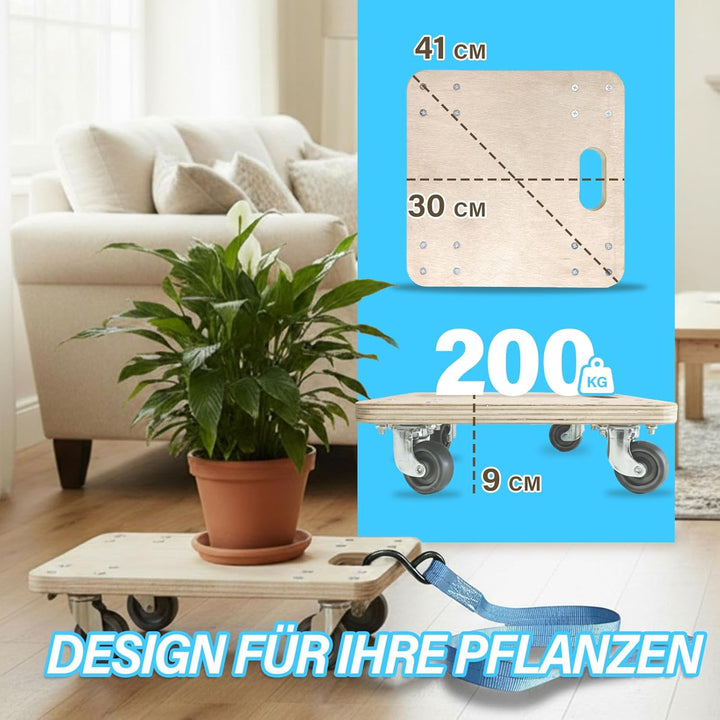 Rollbrett mit Zugseil 30×30 cm | Schwerlast-Transportroller 200 kg Tragkraft | Möbelroller & Pflanze