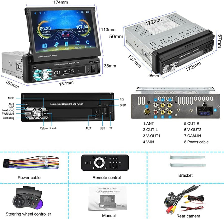 Autoradio Carplay 1 DIN Android Auto Bluetooth 1 Din Autoradio mit 7 Zoll Bildschirm Ausfahrbarem Di