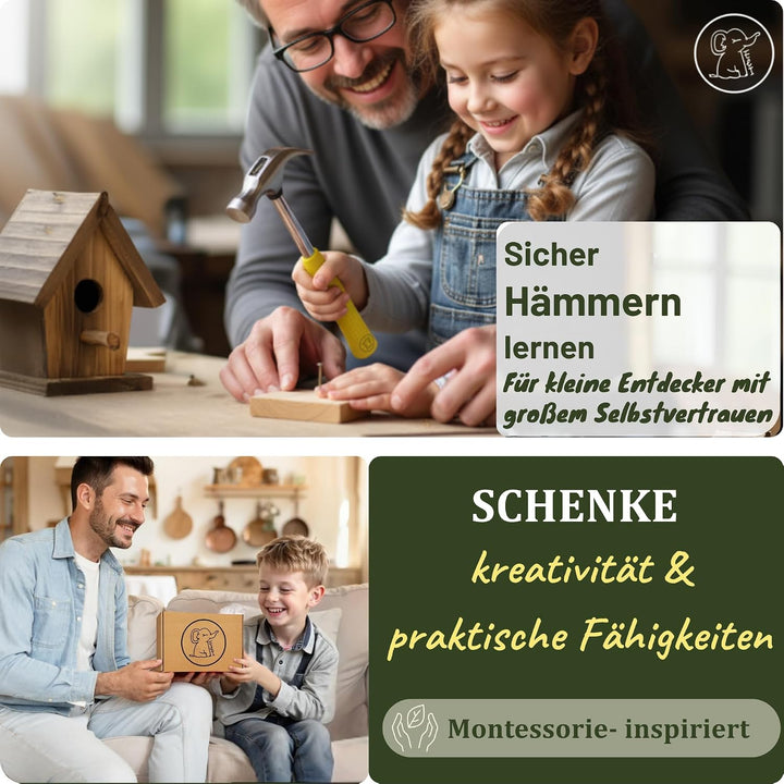 Eli® Kinderhammer + Holzraspeln – Echtes Werkzeug für Kinder mit ergonomisch rutschhemmenden Griff –