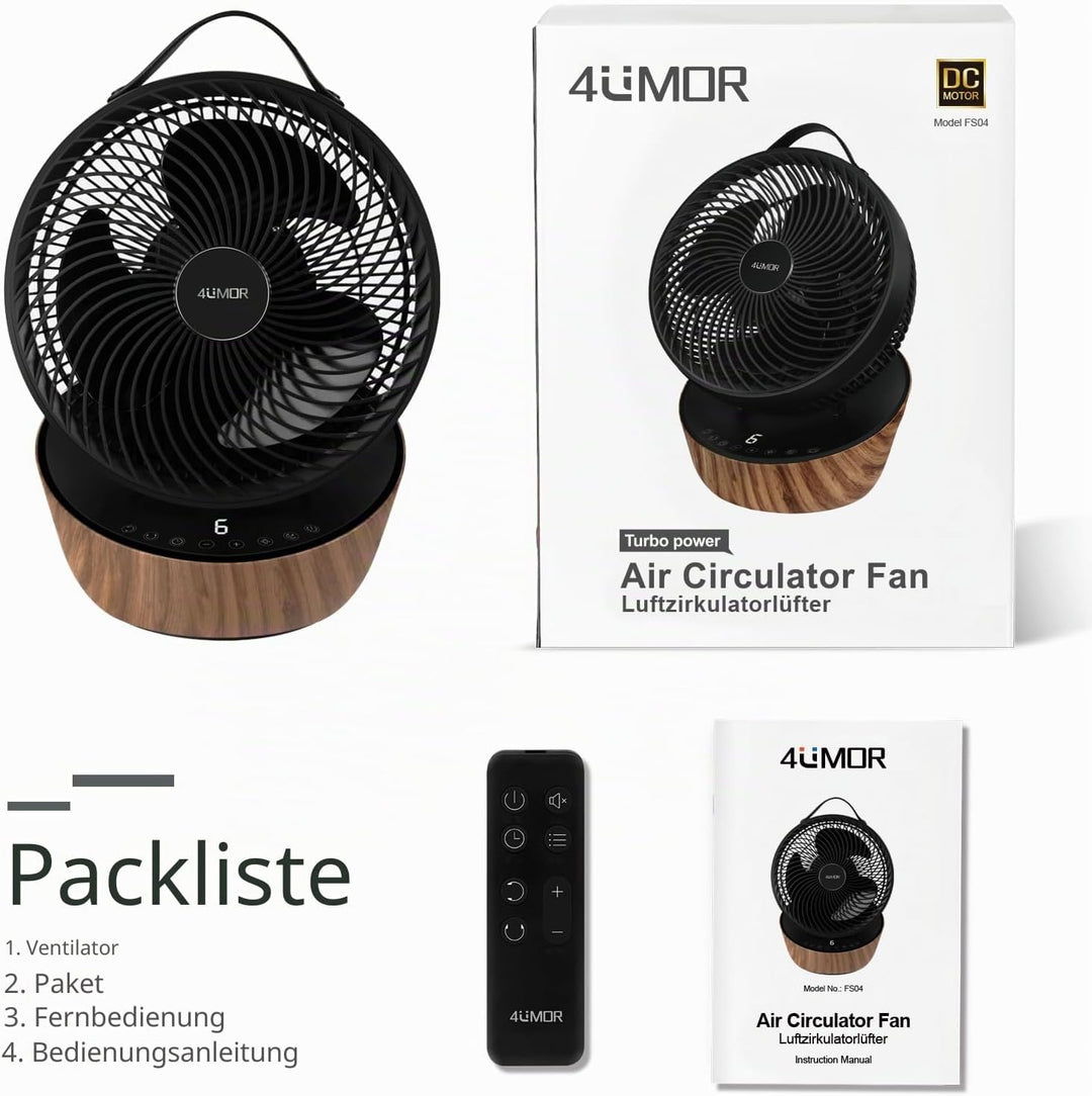 4UMOR Ventilator leise 20dB 7,6m/s Turbo 21W DC Motor 12 Geschwindigkeiten Tischventilator sehr Leis