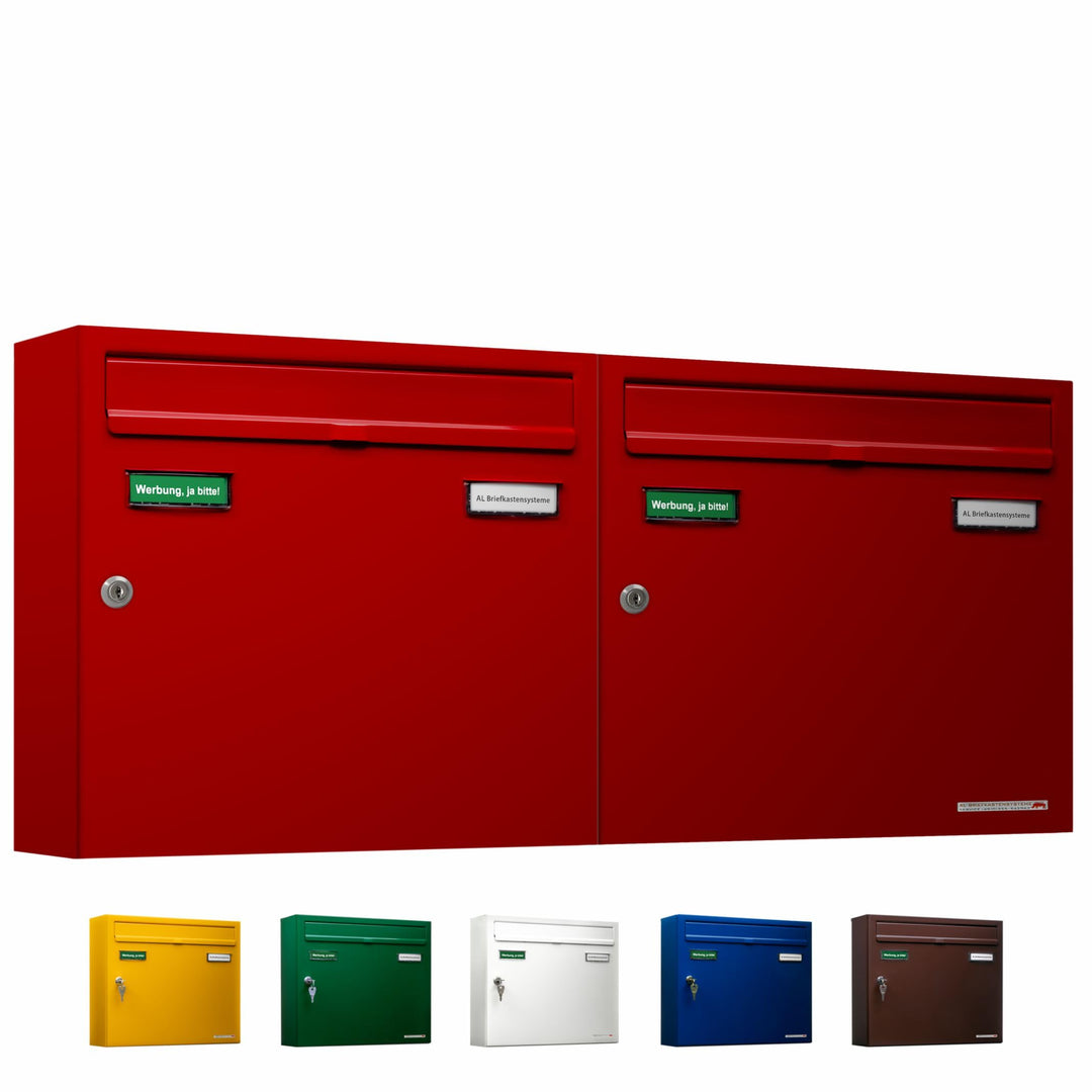 AL Briefkastensysteme Basic 2er Briefkasten RAL 3000 Feuer Rot 2 Fächer DIN A4 wetterfest Briefkaste