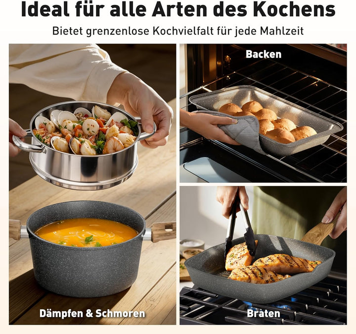 Kitchen Academy Topfset Induktions-Kochgeschirr-Set mit Glasdeckeln und Granitbeschichtung inkl. Pfa