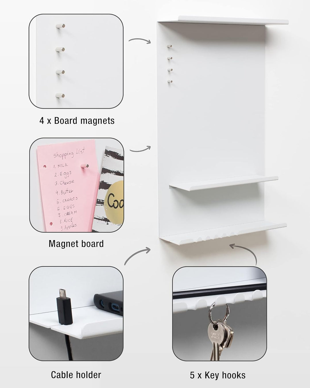 byde Wandorganizer Hele aus Stahlstruktur. 30 x 9 x 49 cm 3-in-1 Wandregal mit Magnettafel und Magne