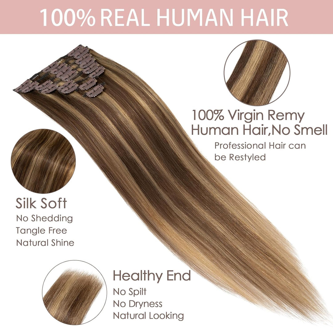 Silk-co Echthaar Clip In Extensions 8 Tressen 18 Clips 55g, Schokoladenbraun und Dunkelblond Hair Ex