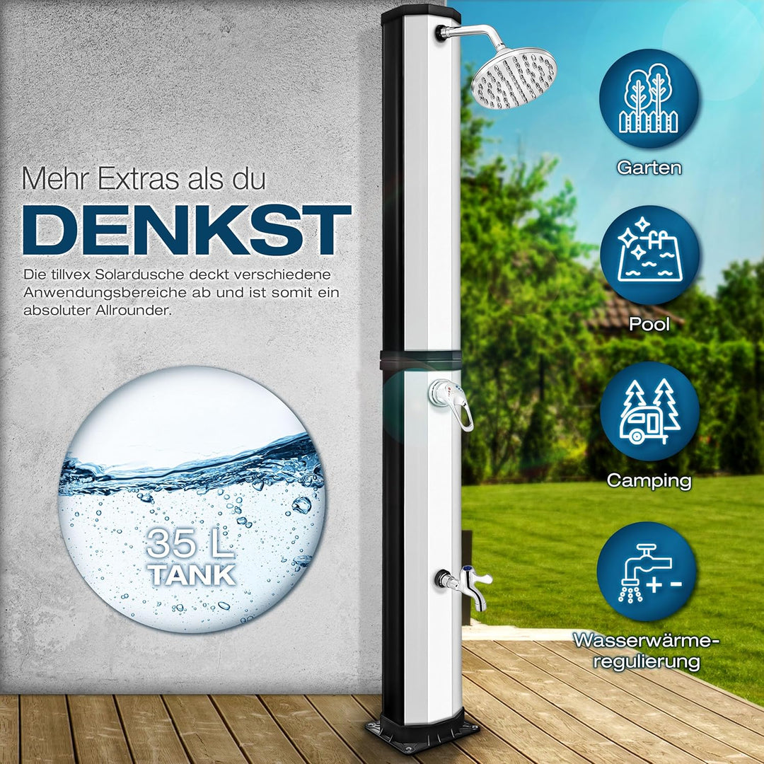 tillvex Solardusche 35 Liter inkl. Schutzhaube | Solar Garten-dusche warmes Wasser | Pooldusche Camp