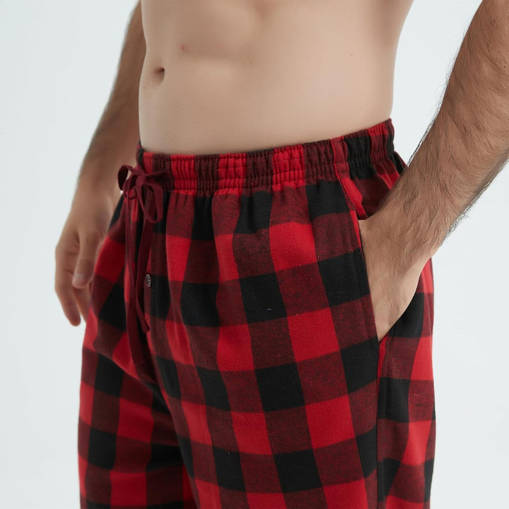 Herren Pyjamahose Flanell Baumwolle kariert Schlaf & Lounge Hose, PJ Hose mit Taschen und Knopfleist