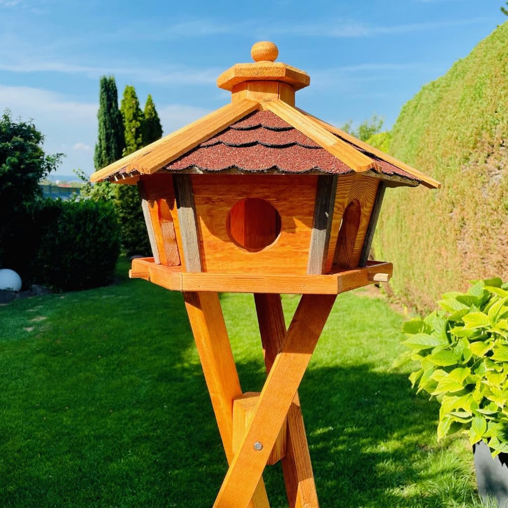 Vogel Futter Haus L oder XL Sechseck Holz Vogelhaus Futterstelle Braun/Blau, Rot, Schwarz und Grün (