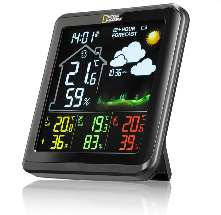 National Geographic 9070710 Wetterstation Funk mit Aussensensor VA Farb-Wetterstation mit 4 Messbere