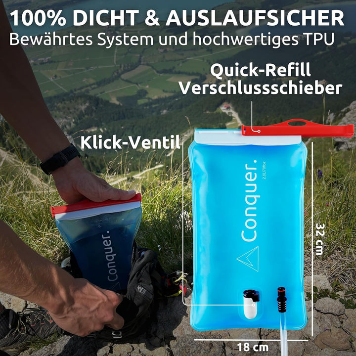 Conquer. Trinkblase mit abnehmbarem Trinkschlauch & Biss-Ventil | BPA-freie Wasserblase als Trinksys