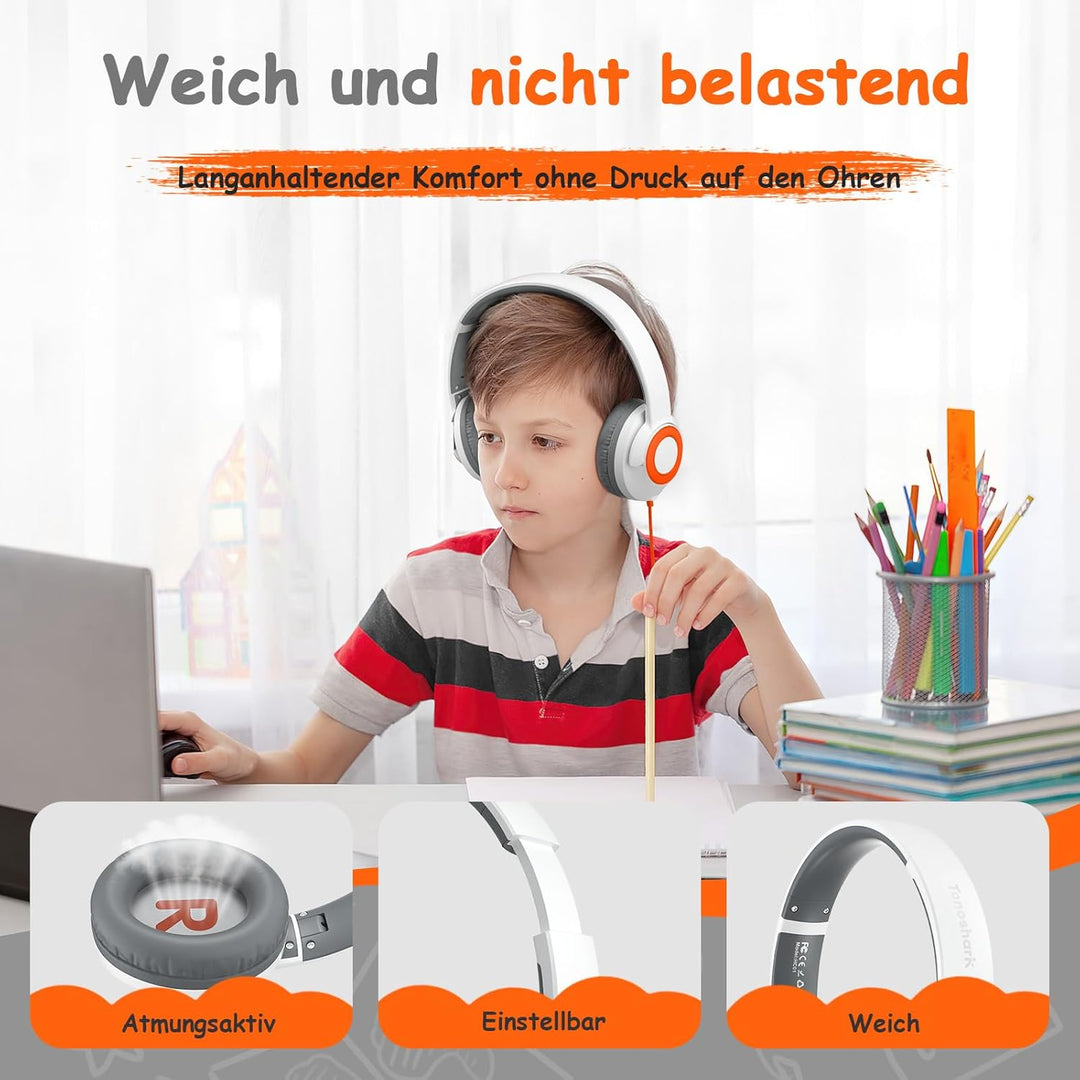 TONOSHARK Kopfhörer für Schulkinder mit Kabel, Klappbar mit Mikrofon & Gehörschutz (85/94 dB). Kinde
