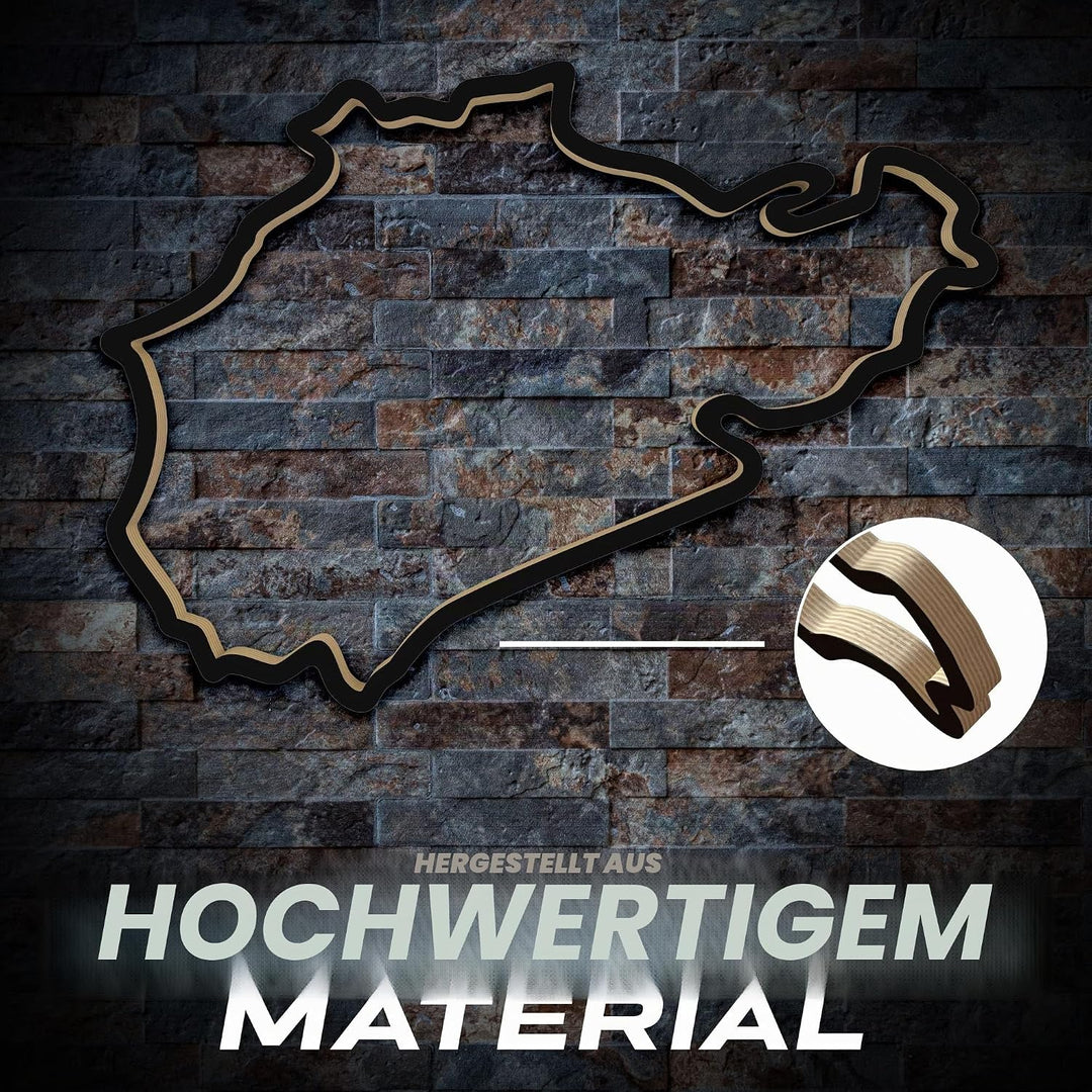 Racetrackart Holzskulptur Deko – Rennstrecke Nürburgring Nordschleife, Wandverzierung, 46 cm, Holzsk