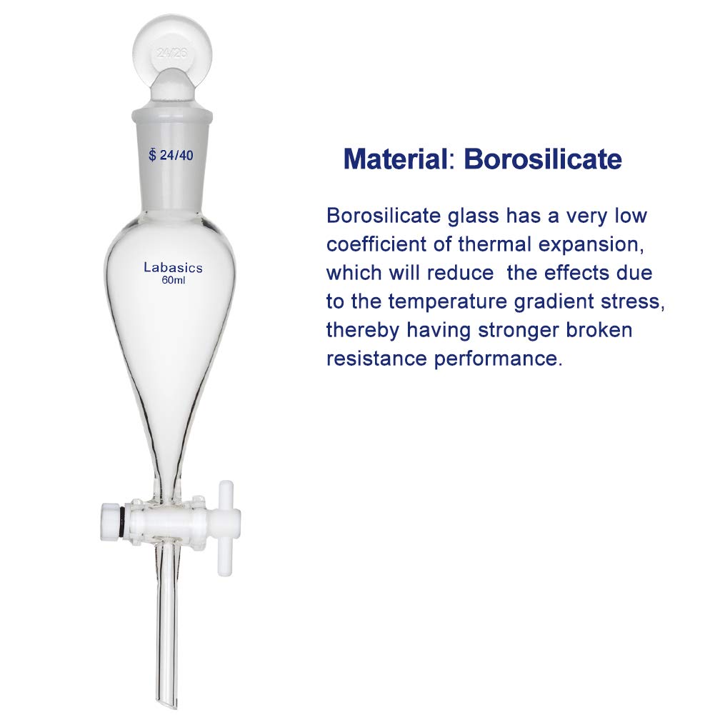 Labasics 60ml Borosilikatglas Konischer Scheidetrichter mit PTFE-Absperrhahn, Separatory Funnel 60 m