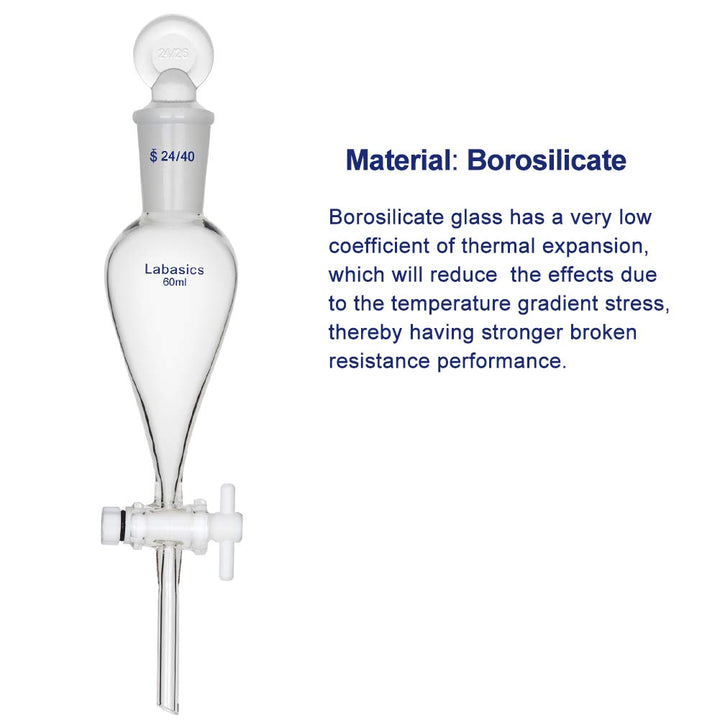 Labasics 60ml Borosilikatglas Konischer Scheidetrichter mit PTFE-Absperrhahn, Separatory Funnel 60 m