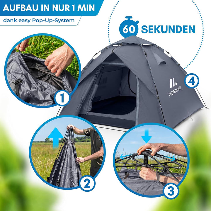 NORDMUT® Wurfzelt 2-4 Personen für blitzschnellen Aufbau – Pop Up Zelt 2-4 Personen wasserdicht &amp; UV