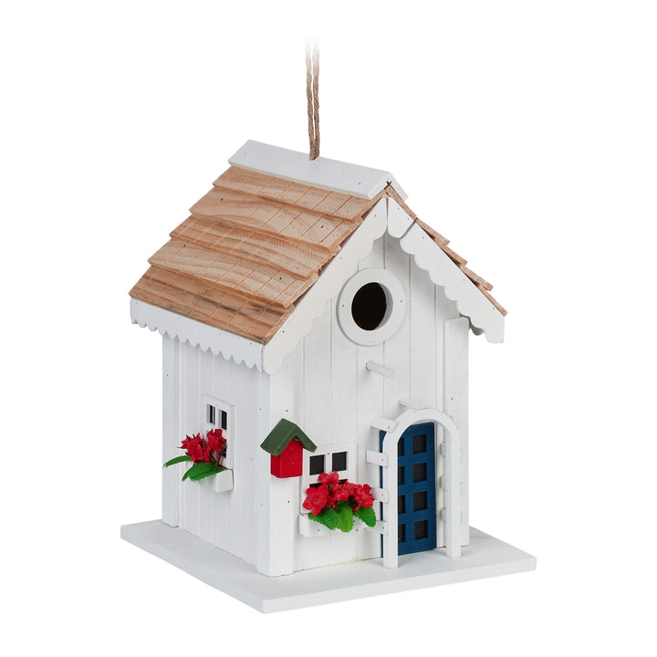 Relaxdays Deko Vogelhaus, Landhausstil, Holz, zum Aufhängen, H x B x T: 23,5 x 18 x 18 cm, Vogelvill