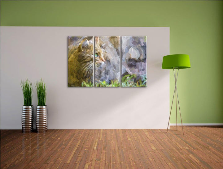 kleine Manul im Gras Spezial 3-Teiler Leinwandbild 120x80 Bild auf Leinwand, XXL riesige Bilder fert