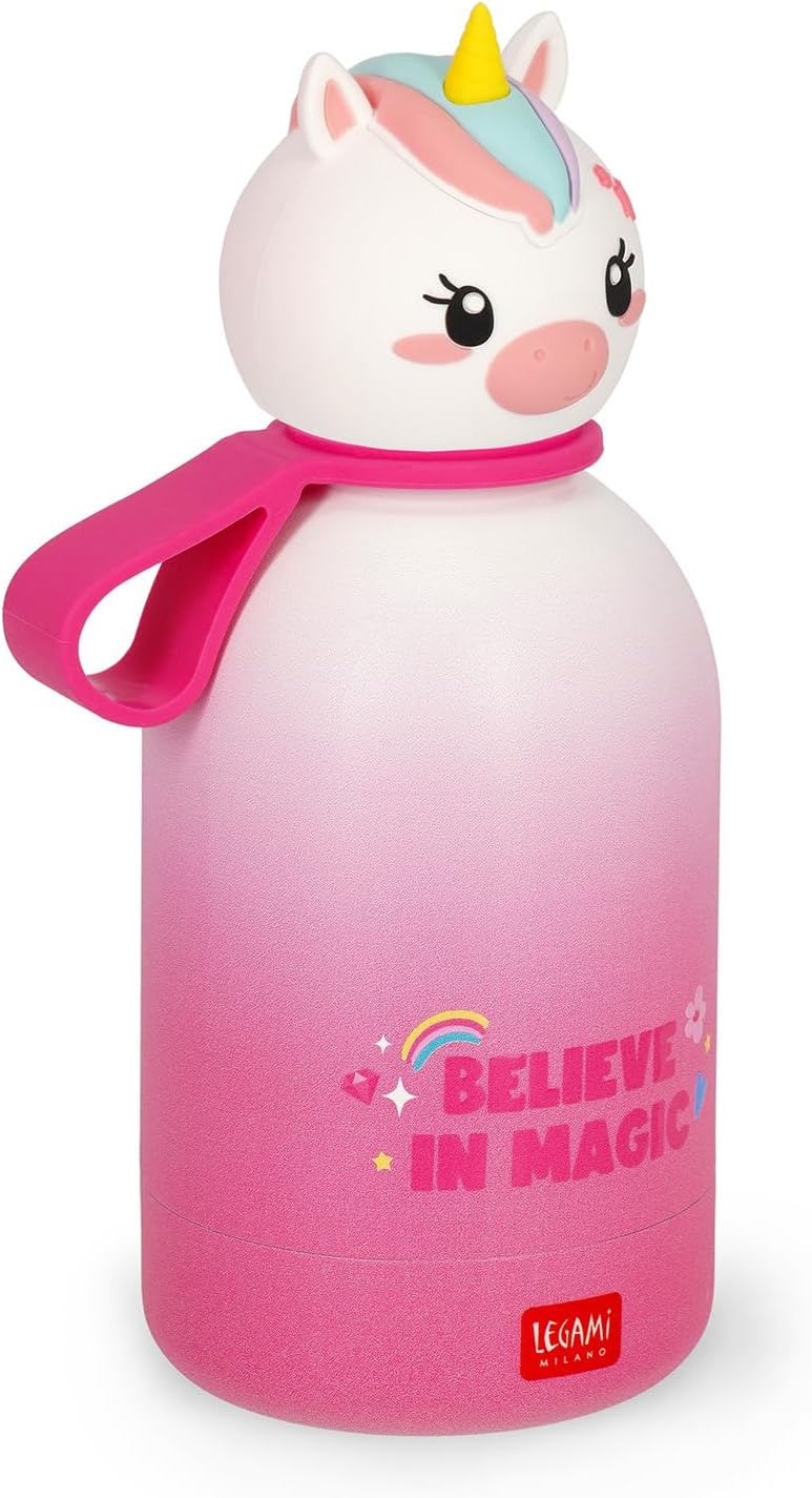 Legami - Hot&Cold BFF Kinder-Wasserflasche, Unicorn,-Motiv, doppellagig aus 18/8 Edelstahl mit luftd