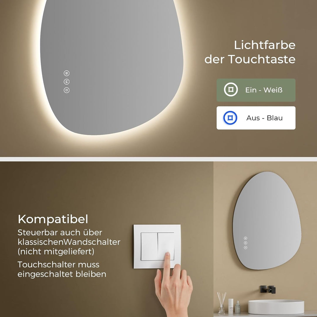 S'AFIELINA Spiegel mit Beleuchtung Asymmetrischer LED Badspiegel 85 × 50 × 2,5 cm (H × B × T) mit To