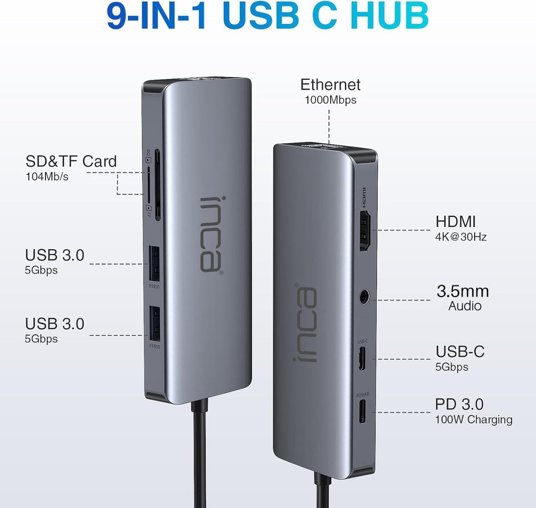 inca 9 in 1 USB C Hub ITPC-10TX, 2 x USB 3.0 + SD/TF Kartenleser + LAN 1000 Mbit/s + Daten + 3.5mm A