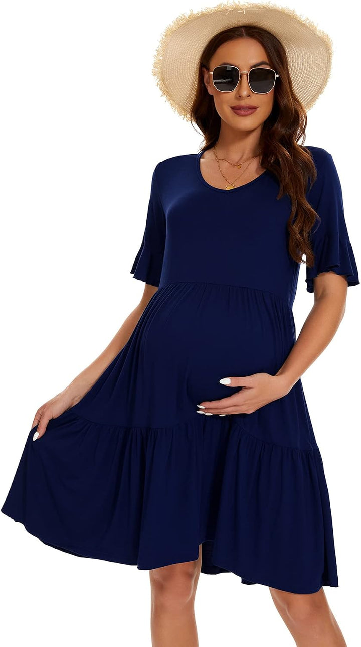 Smallshow Damen Umstandskleid Kurzarm Sommer Schwangerschafts Umstandsmode Kleid L Marine, L Marine