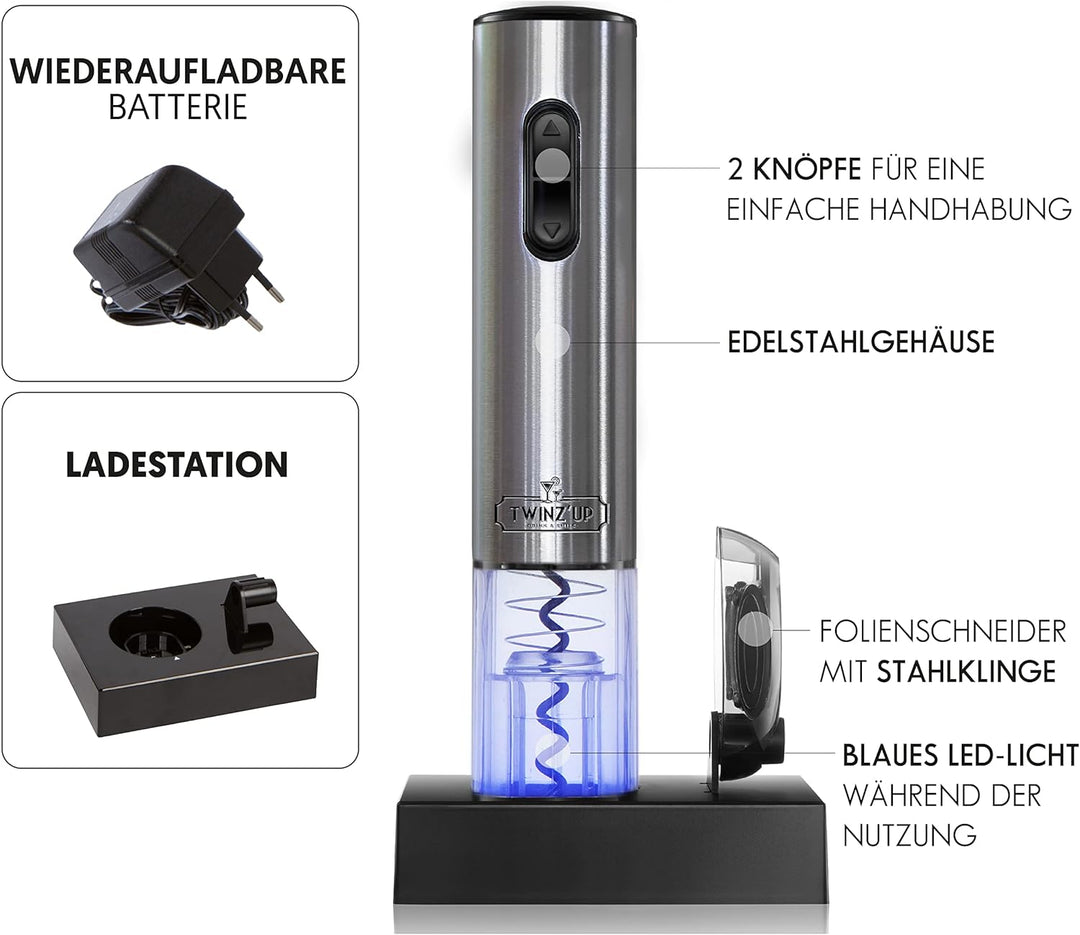 Twinz'up - Korkenzieher Elektrisch, Premium Box mit Folienschneider und Ladestation, Kabelloser Elek