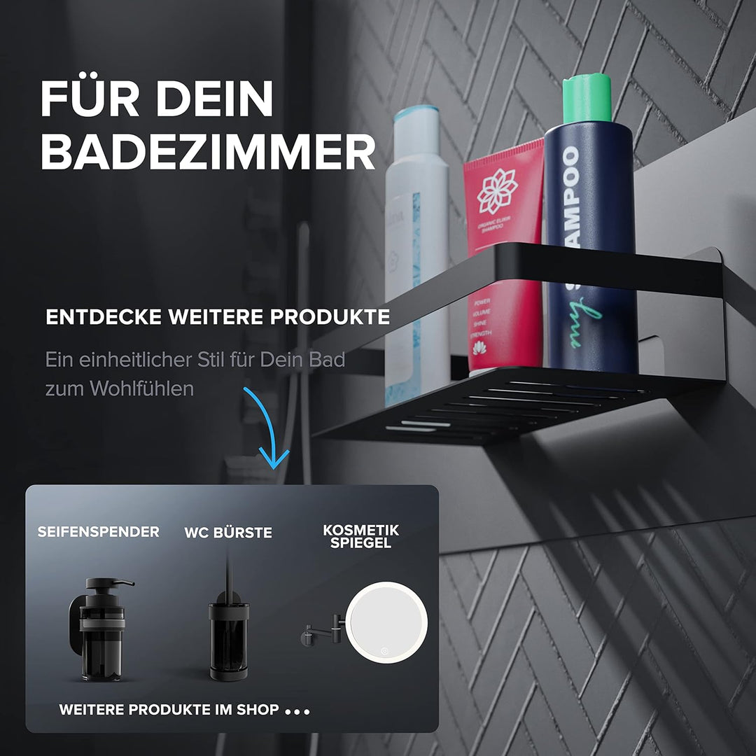 Duschkorb Hinnoya | rechteckig | schwarz matt | Edelstahl | ohne Bohren | zum Kleben | Duschablage |