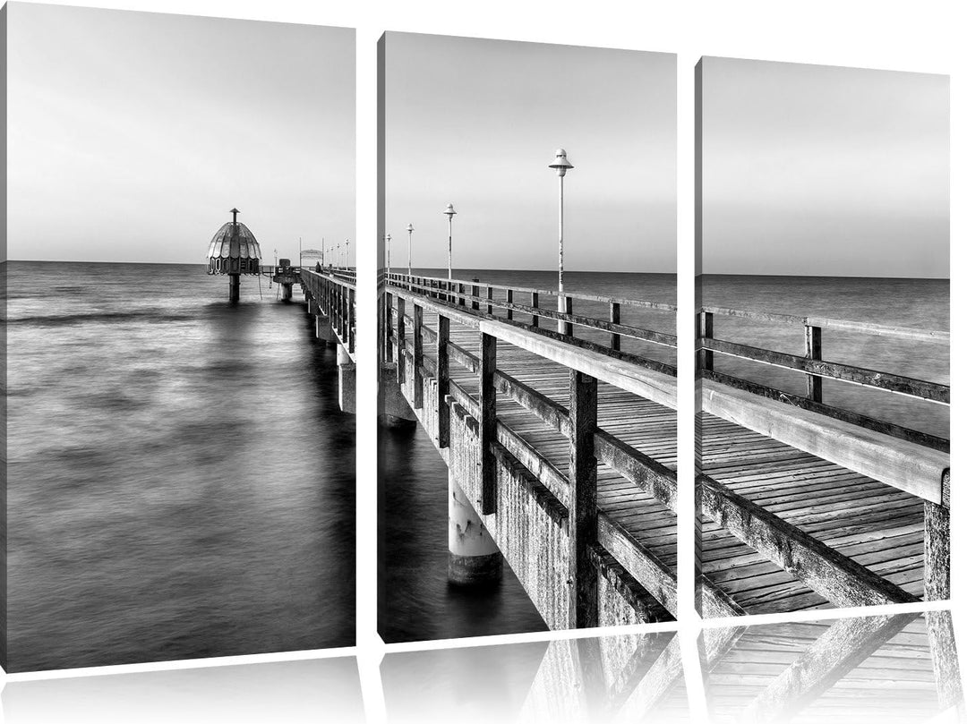 Monocrome, Pier Steg ins Meer Sonnenuntergang Strand Wasser 3-Teiler Leinwandbild 120x80 Bild auf Le