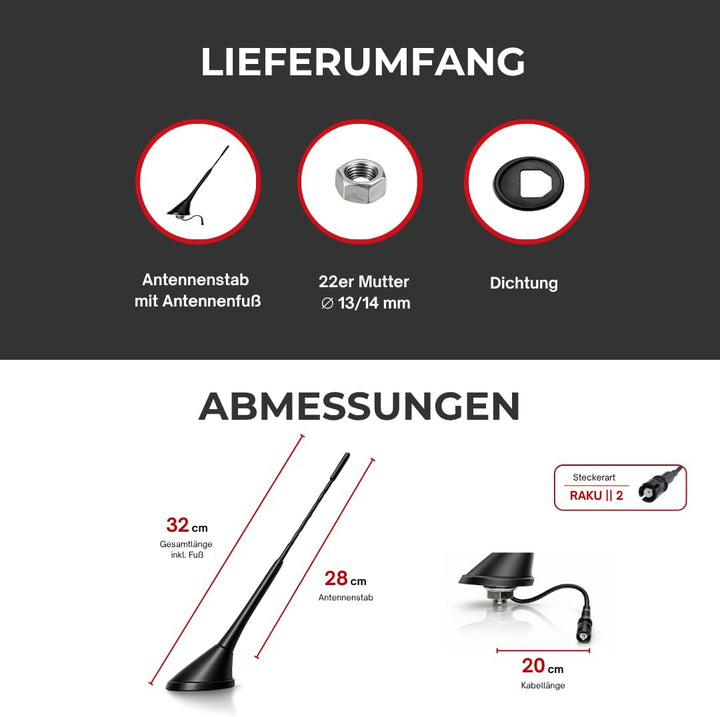 Audioproject A280 - Autoantenne 28cm Raku 2 + Verstärker - kompatibel für VW Golf 4 5 6 7 Passat Lup