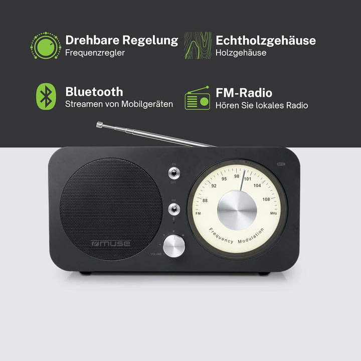 Muse M-095 BT Bluetooth Retro-Radio mit UKW Tuner, NFC und USB-Ladeanschluss (Teleskop-Antenne, AUX)