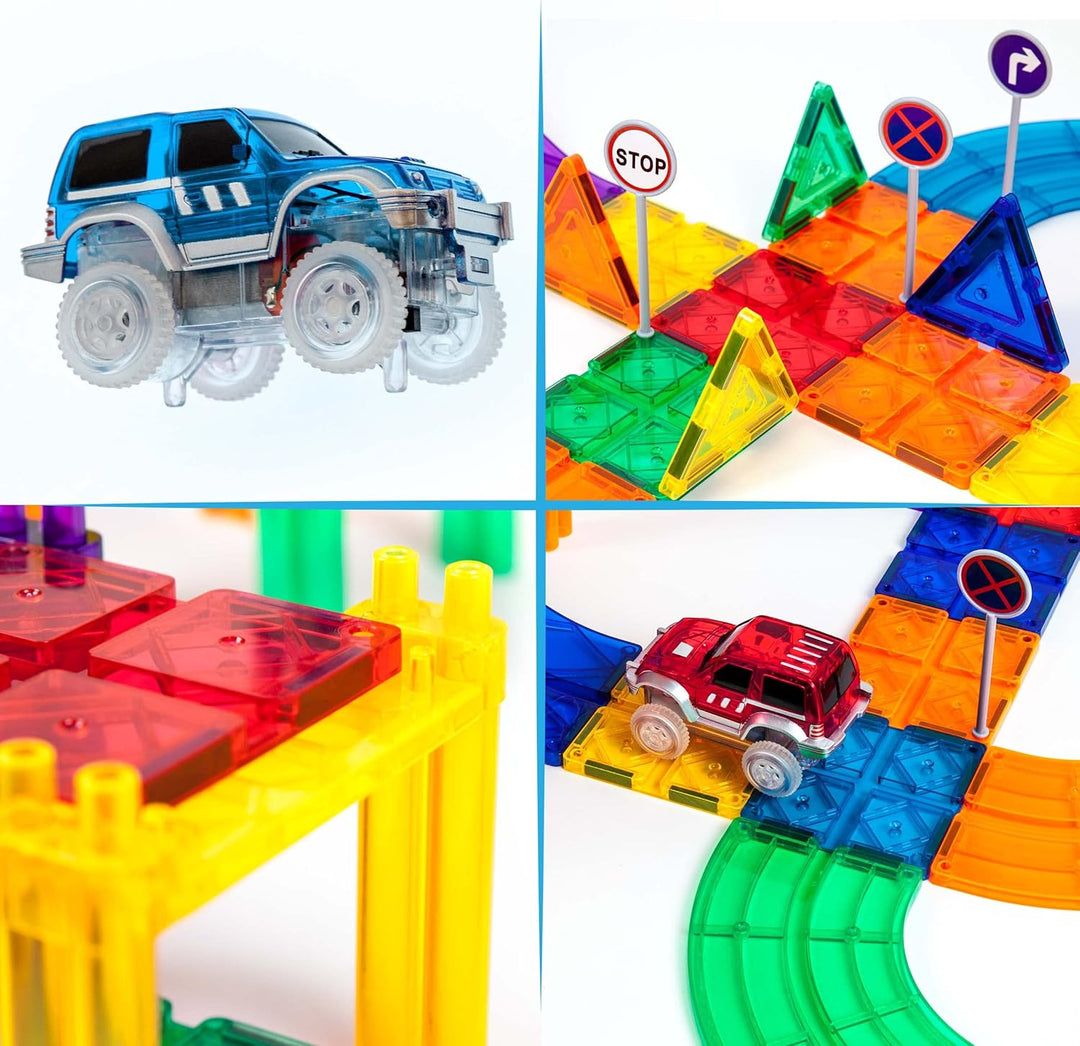 PicassoTiles 80 Stück Rennwagen Bahn Baustein Lernspielzeug Set Magnetische Fliesen Magnet DIY Spiel