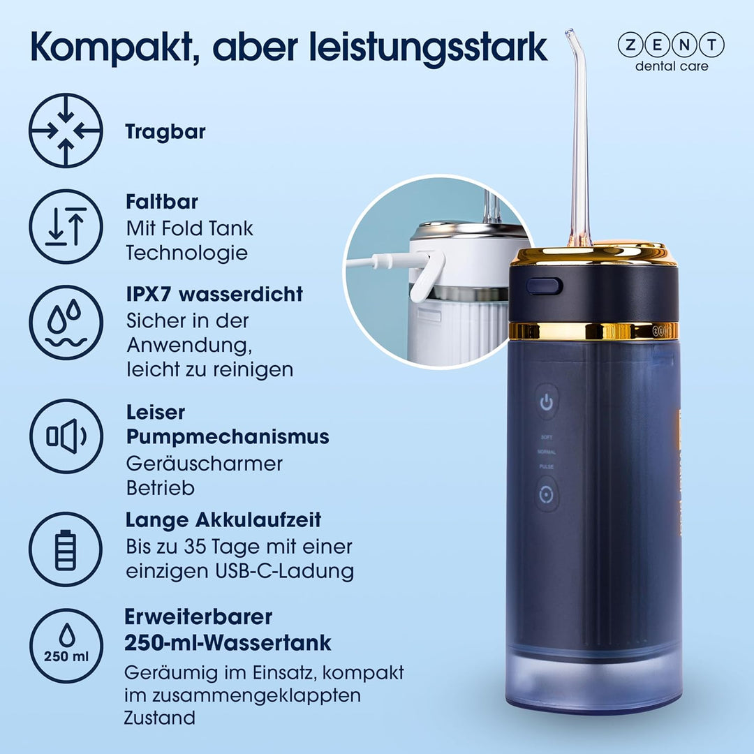 ZENT Munddusche kabellos, Water flosser für Reise, Erweiterte 360°-Rotationstechnologie, 3 Spezielle