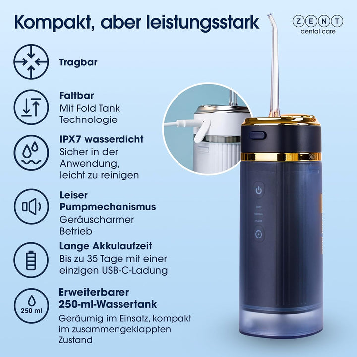 ZENT Munddusche kabellos, Water flosser für Reise, Erweiterte 360°-Rotationstechnologie, 3 Spezielle