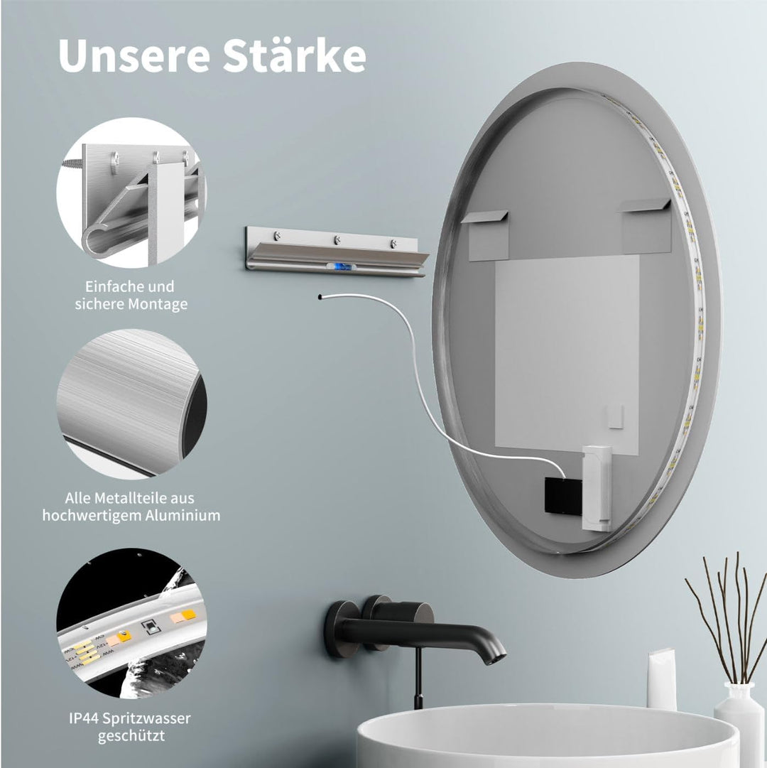 HOKO® Runder LED Bad Spiegel 60cm, mit ANTIBESCHLAG SPIEGELHEIZUNG, LED beleuchtet Badezimmerspiegel