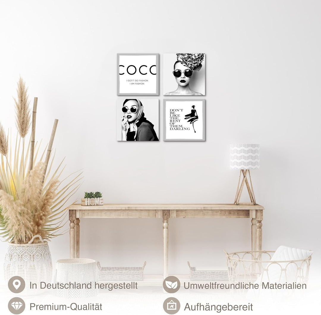 Novart Bilder Set Fashion Coco - KOMPLETT AUFHÄNGFERTIG - Schwarz Weiss Wohnzimmer Schlafzimmer Flur