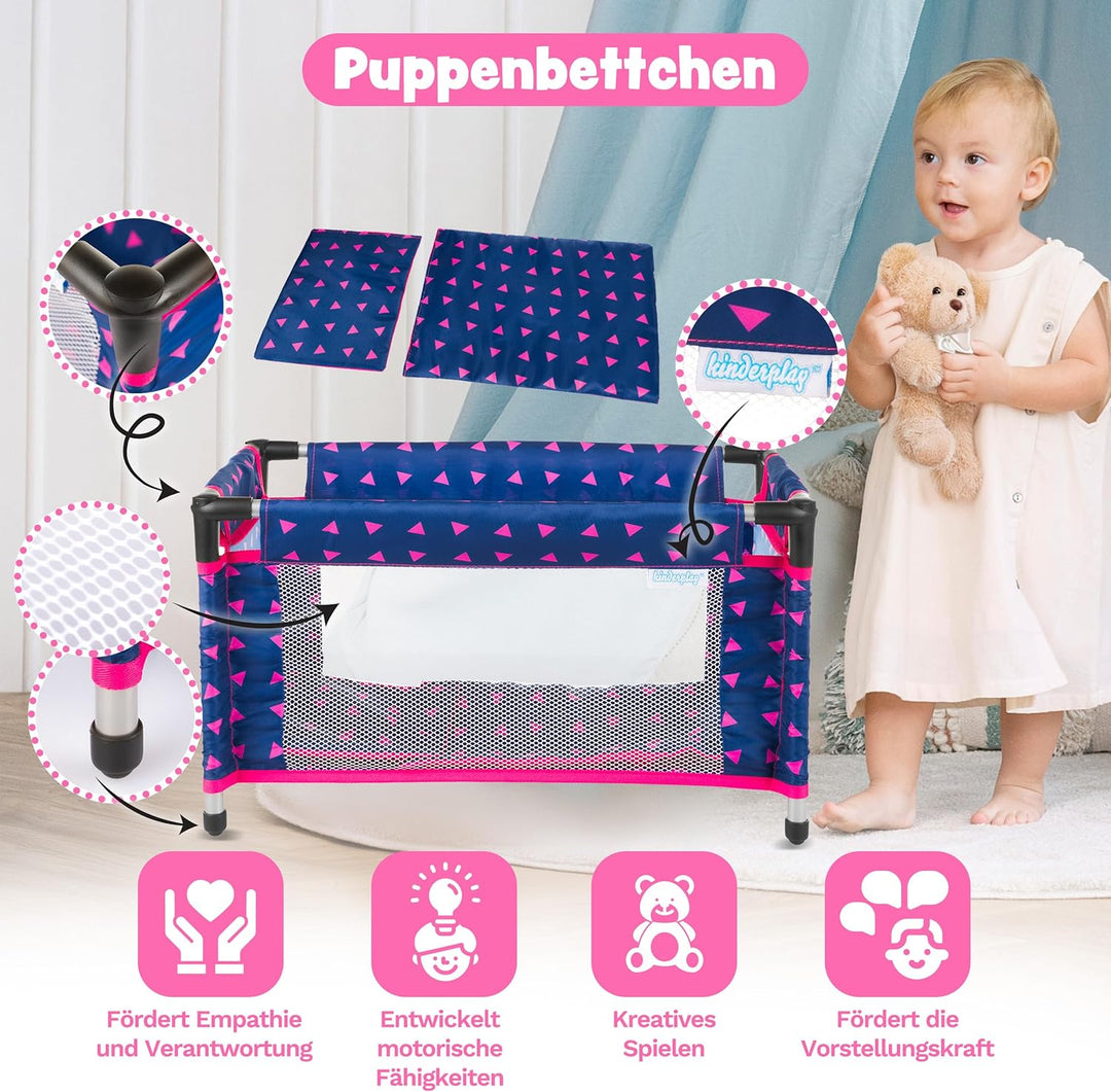 Kinderplay Puppenbett | Puppen Bett Spielzeug - Puppenreisebett für Baby Born | Baby Annabell Puppen