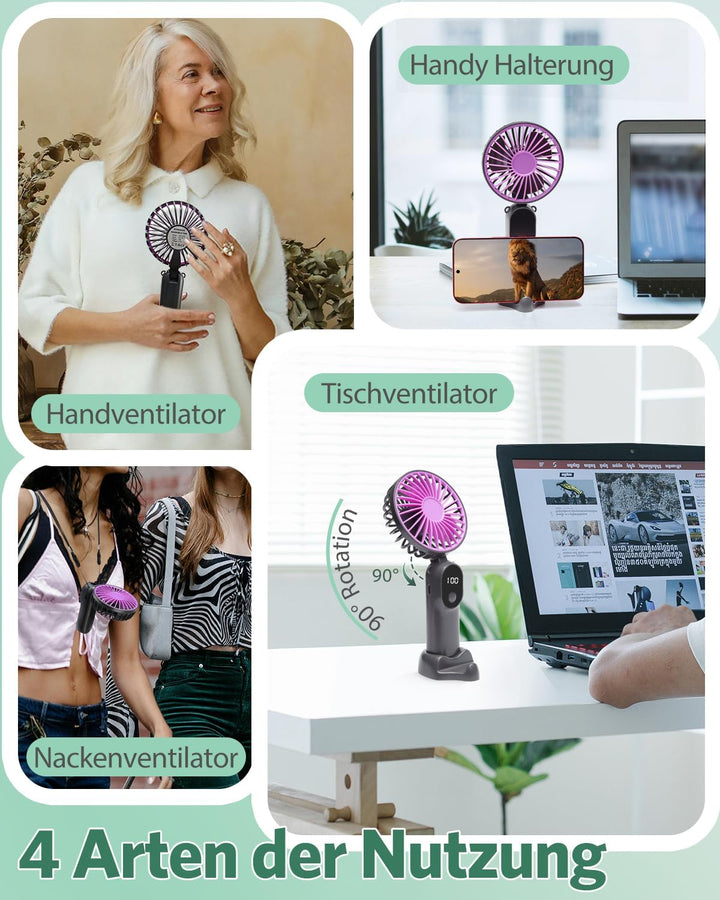 2 Stück Mini Handventilatoren Akku Aufladbar,Tragbarer USB Klein Hand Ventilator Sehr Leise,LED Anze