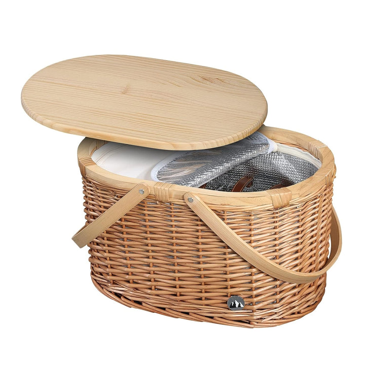cilio Picknick-Korb Ancona, Für 4 Personen, Geflochtener Korb mit Deckel aus Kiefernholz, Picknickko