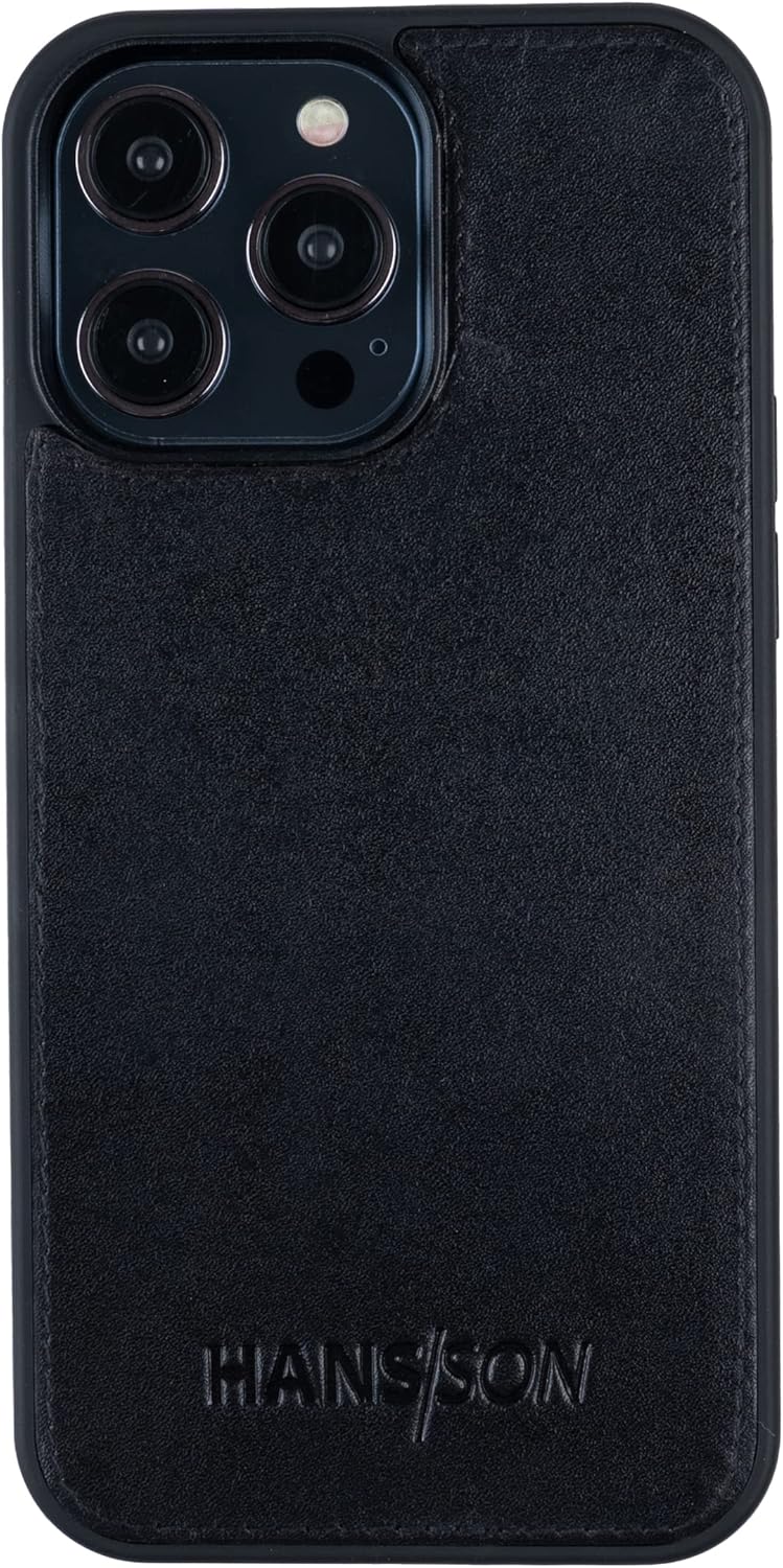 HANS/SON Echtlederhülle in Schwarz | iPhone 14 Pro Ledercase | Schutz vor Stürzen und Stössen | Mags
