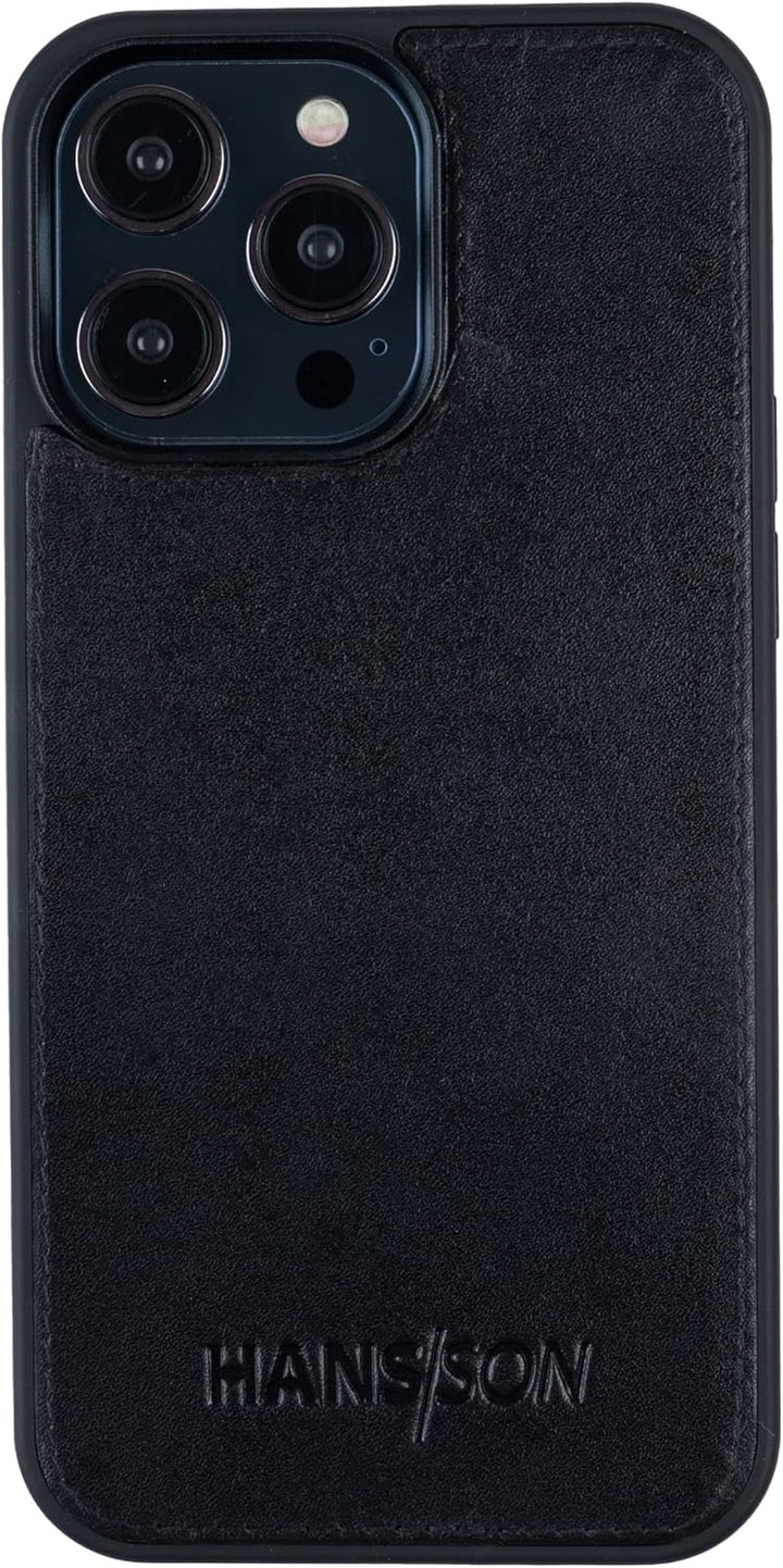 HANS/SON Echtlederhülle in Schwarz | iPhone 14 Pro Ledercase | Schutz vor Stürzen und Stössen | Mags