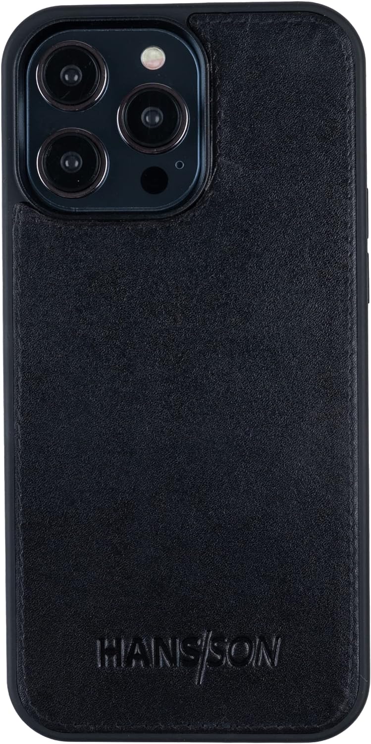 HANS/SON Hülle aus Echtleder | iPhone 14 Pro Max | Schwarzes Ledercase | 6,7 Zoll | Schmal | Stossfe