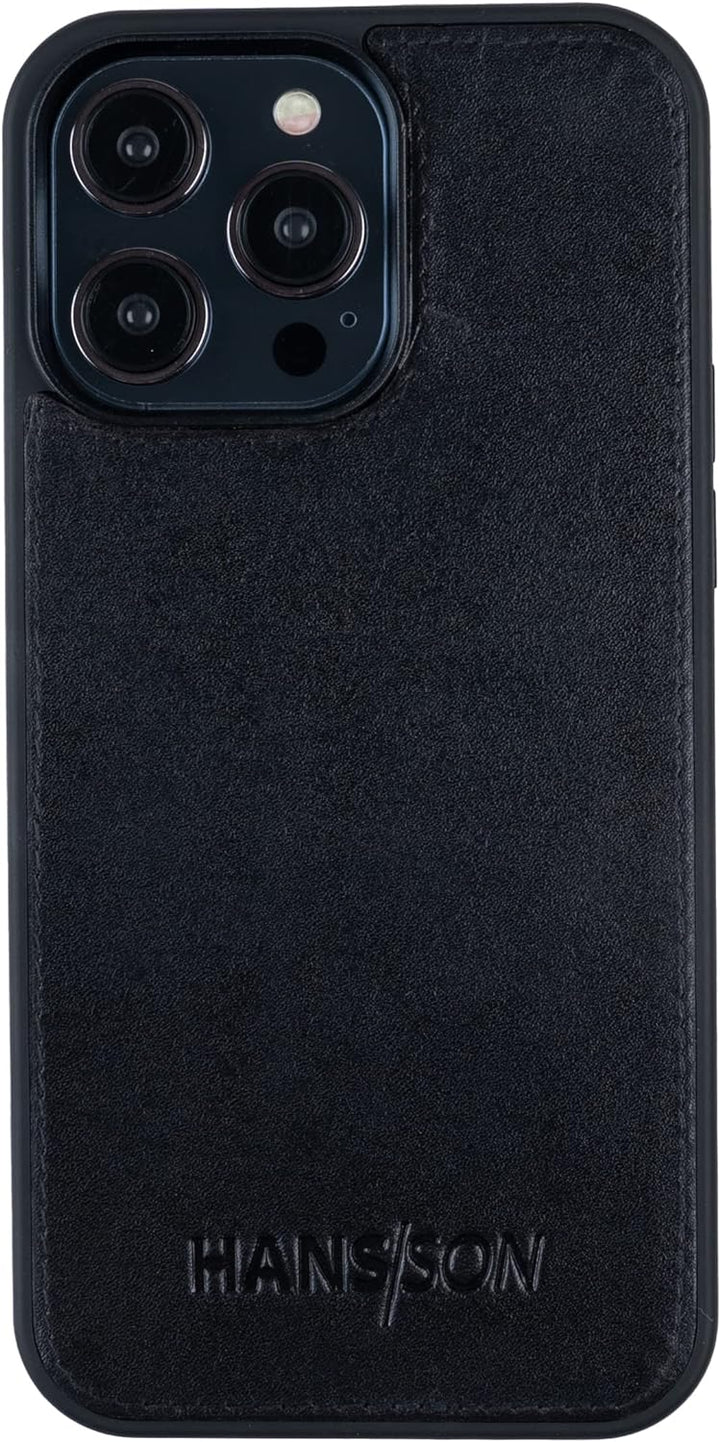 HANS/SON Hülle aus Echtleder | iPhone 14 Pro Max | Schwarzes Ledercase | 6,7 Zoll | Schmal | Stossfe