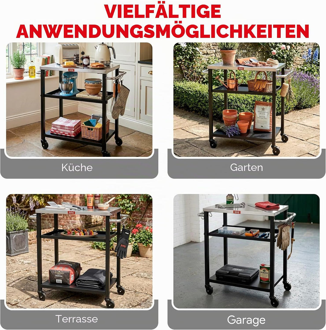 Feasto Rollender 3-stöckiger Verstellbarer Pizza-Ofen-Tisch und Lebensmittelzubereitung, für Zuhause