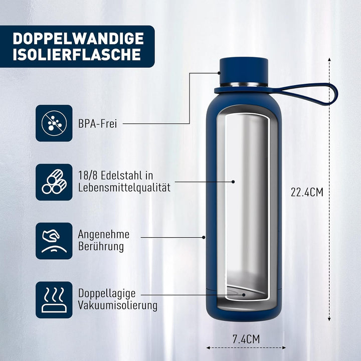 Exllena Trinkflasche Edelstahl 500ml - Hochwertige Thermosflasche Mit Silikongriff für Sport, Büro u