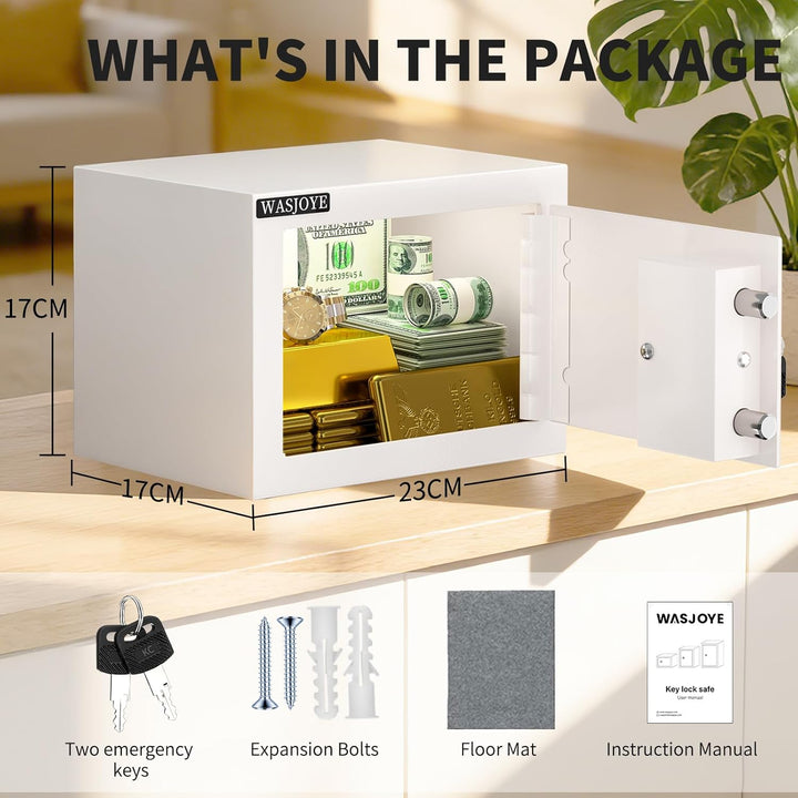 WASJOYE Mini Safe Tresor mit Schlüssel, 17 * 23 * 17cm Mini Tresor mit Schloss für Zuhause/Büro, 6.6