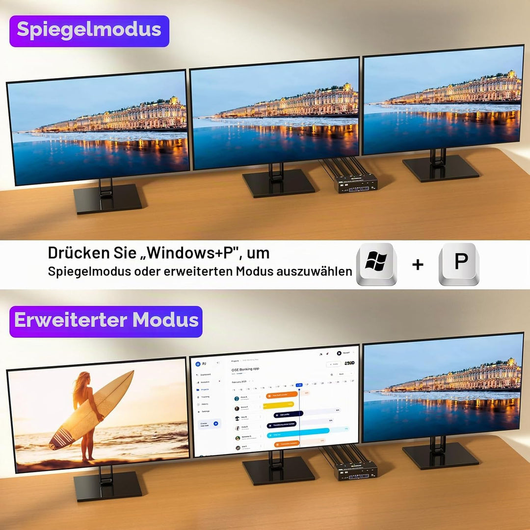 KVM Switch 3 PC 3 Monitore 8K@60Hz, 4K@144Hz, USB 3.0 KVM Switch Triple Monitor 2 Displayport 1.4 +