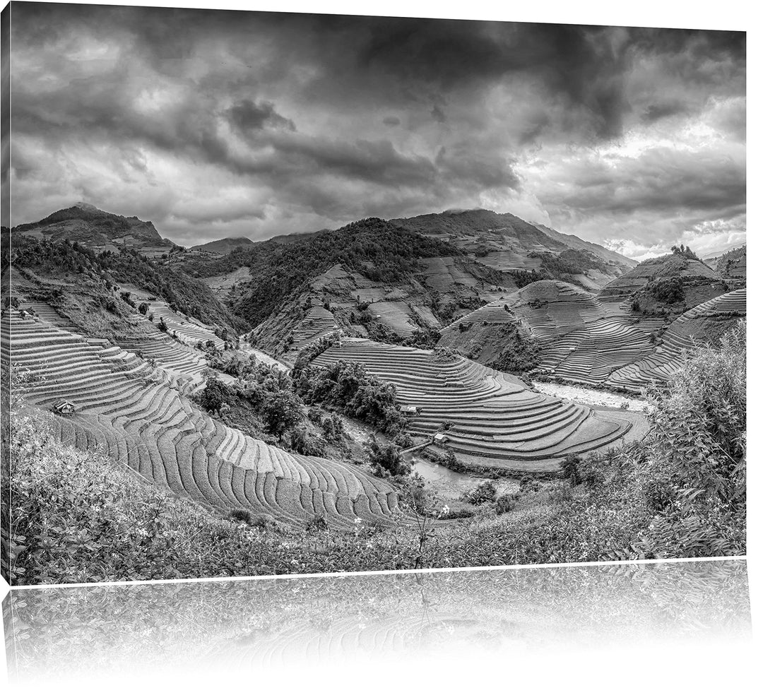 Pixxprint Berg Farm in Asien als Leinwandbild/Grösse: 100x70 cm/Wandbild/Kunstdruck/fertig bespannt,