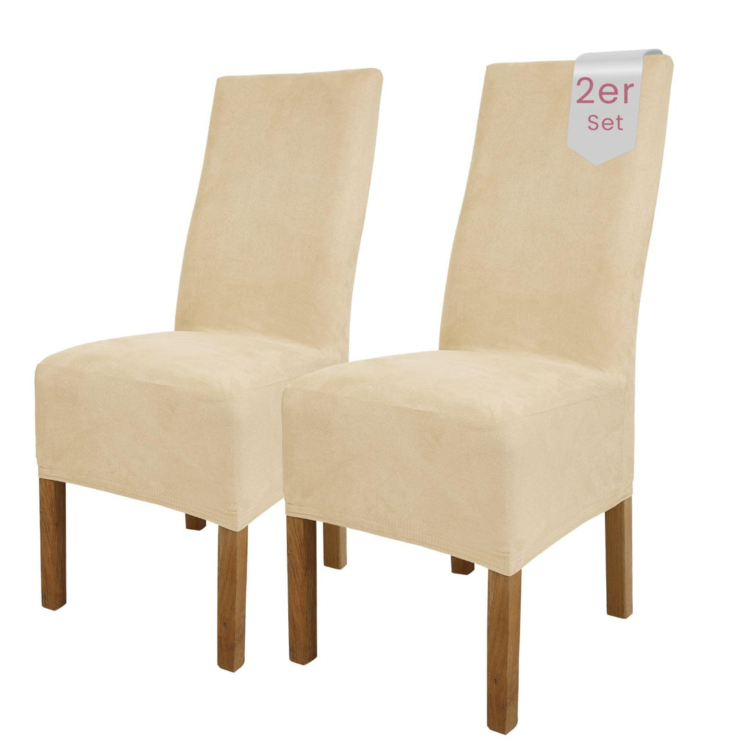 SCHEFFLER-Home Stuhlhussen 2er Set Leon Ecru/elastische Wildleder Hussen für Stühle/Robustes Freisch
