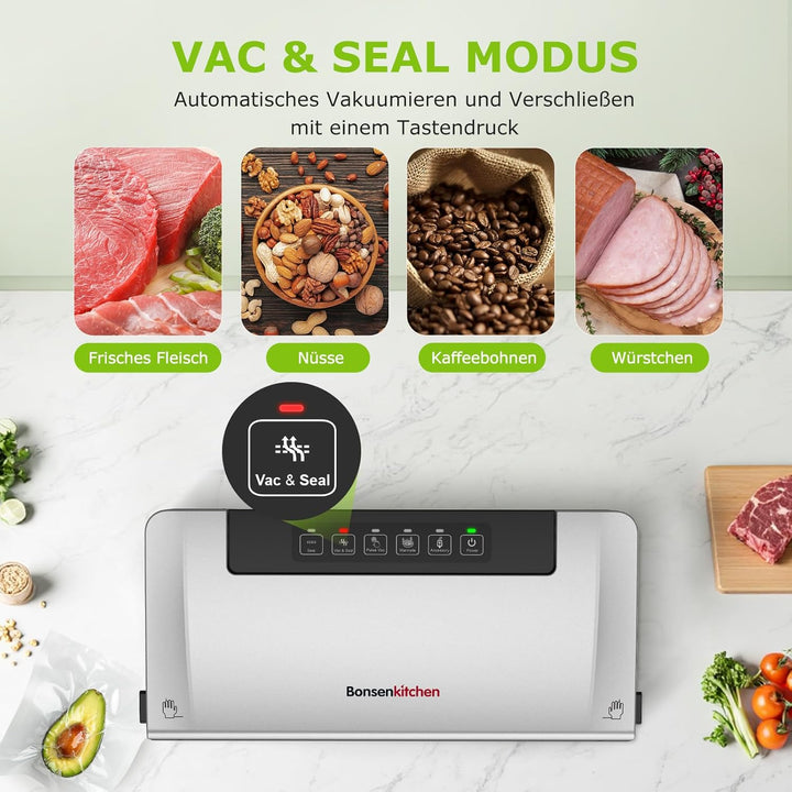 Bonsenkitchen Vakuumiergerät, 5-Modus-Vakuumierer mit Cutter und Rollenbeutelaufbewahrung, für Konti